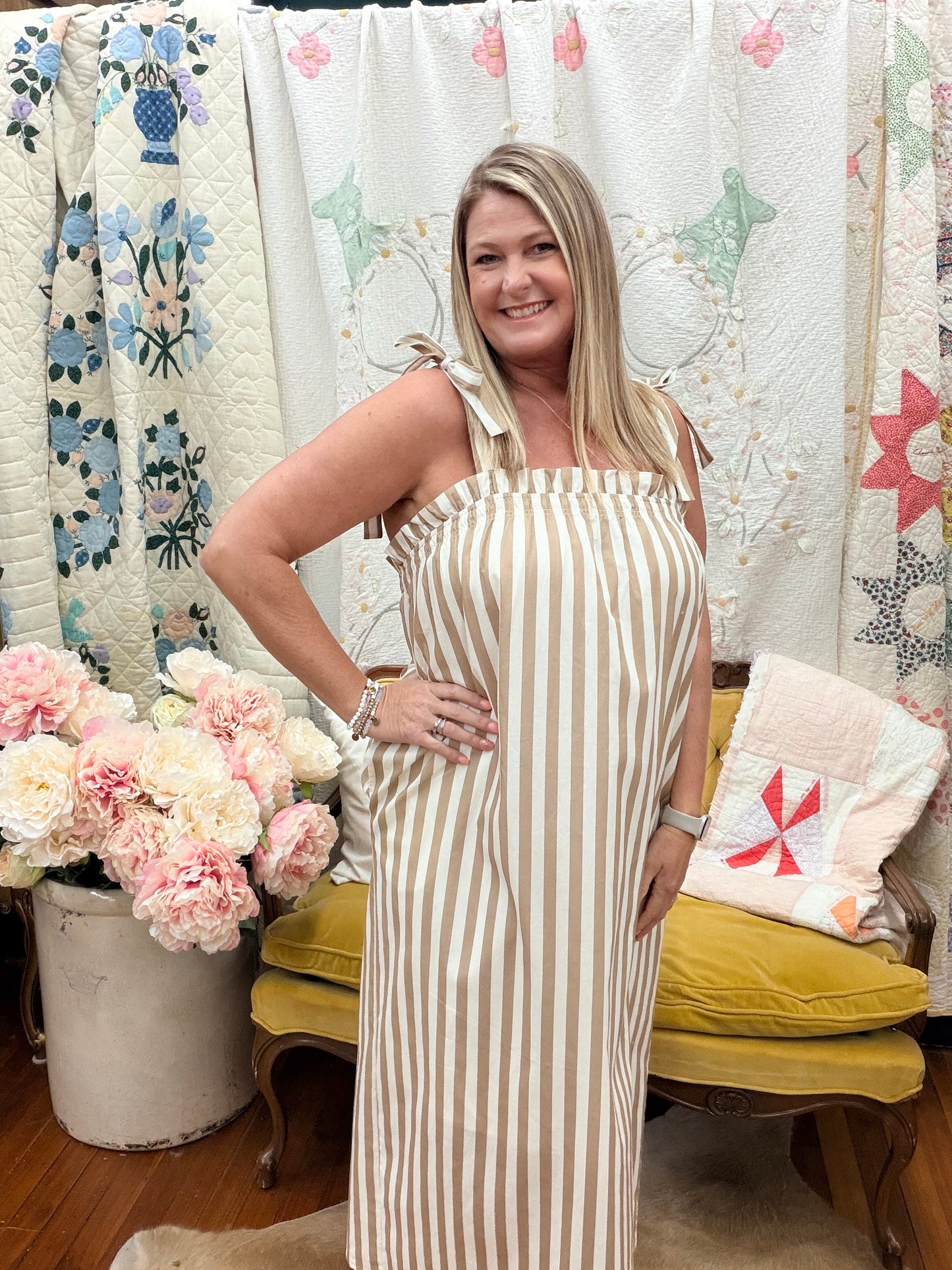 Striped Self Shoulder Ties Midi Dress - Cream/Mocha