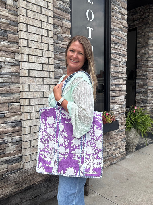 Purple Floral Design with Blue Stripe Trim Tote Bag