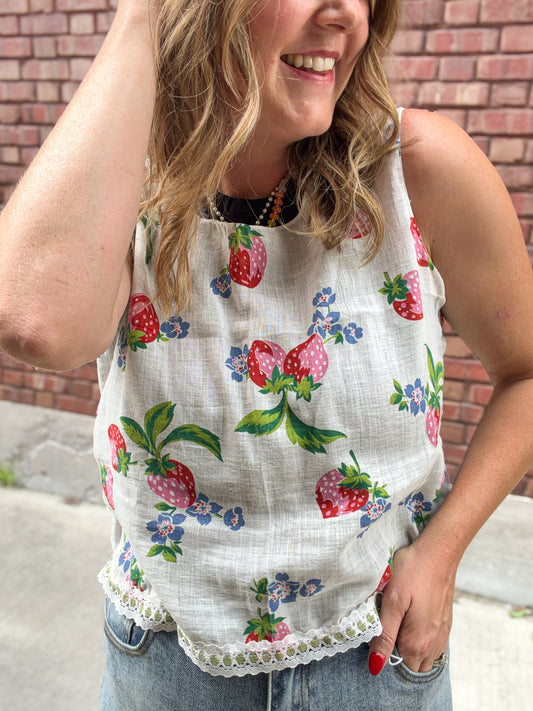 Strawberry Floral Sleeveless Tablecloth Top