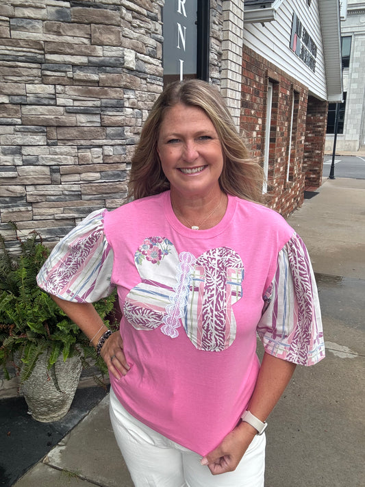 Quilted Butterfly Tablecloth Sleeve Top - Pink