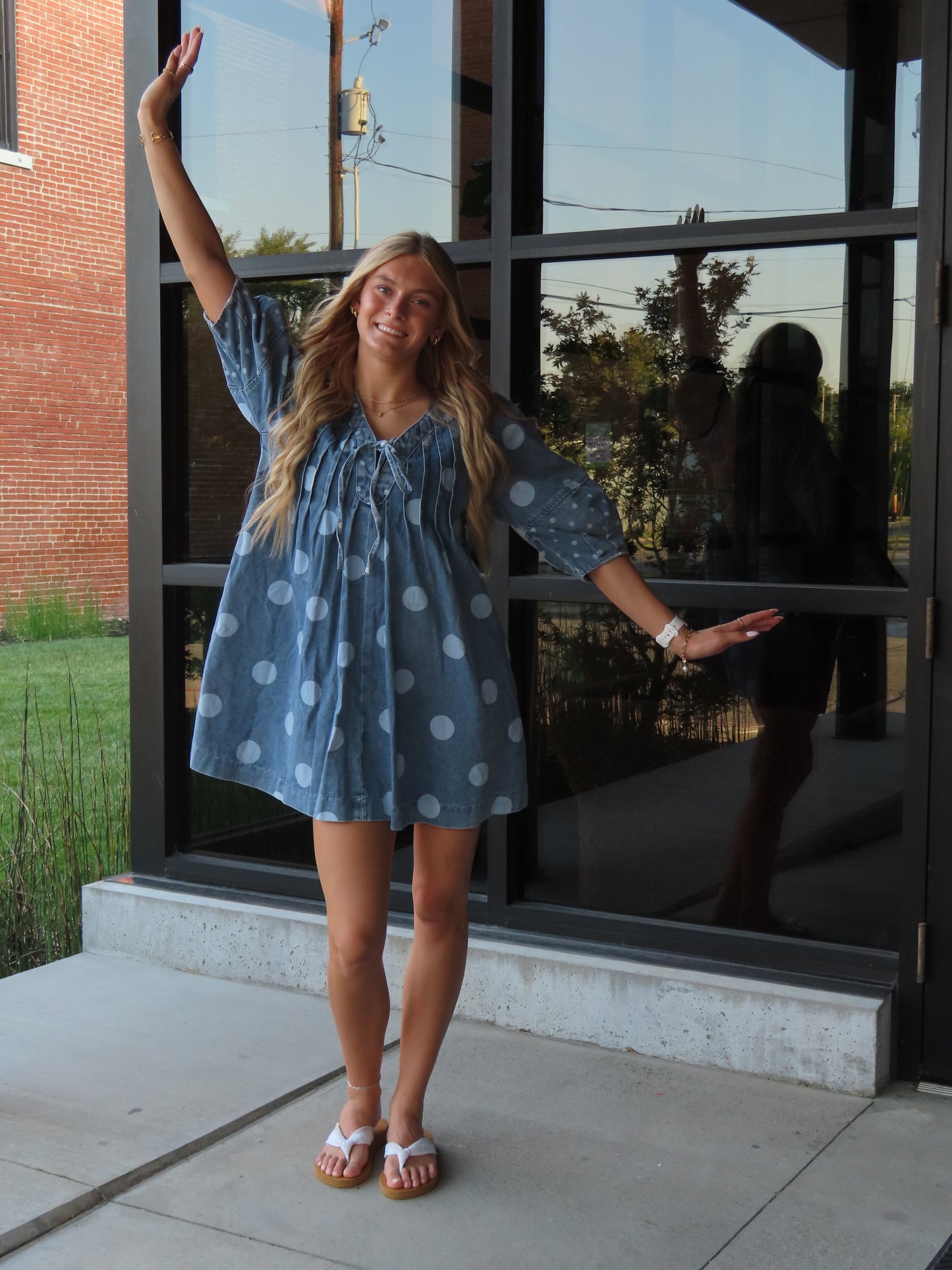 Polka Dot V-Neck Denim Dress