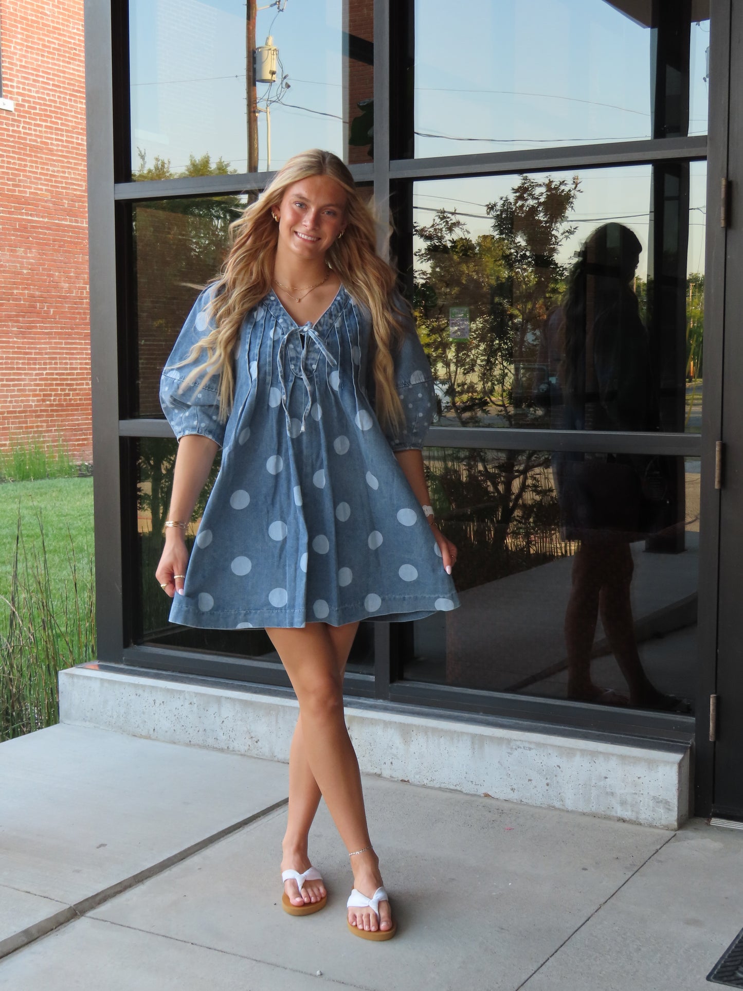 Polka Dot V-Neck Denim Dress