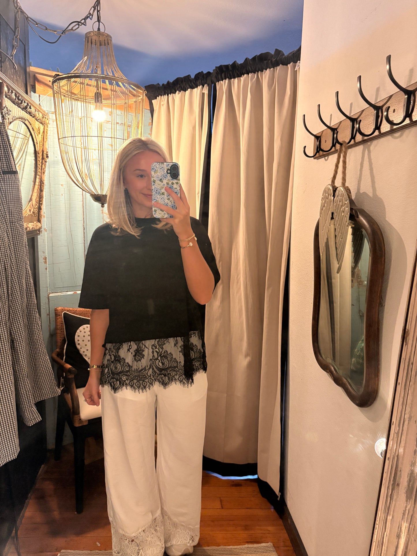 White Wide Leg Lace Trim Pant