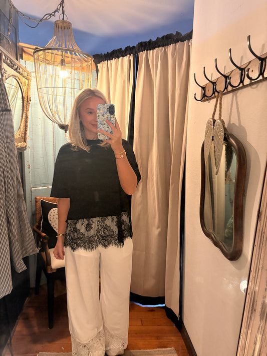 White Wide Leg Lace Trim Pant
