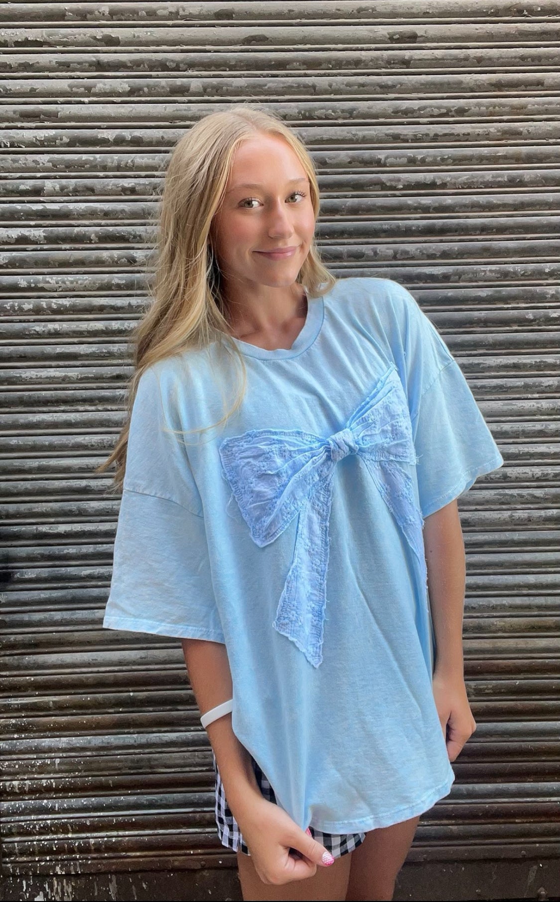 Mineral Wash Ribbon Bow Short Sleeve Top - Baby Blue