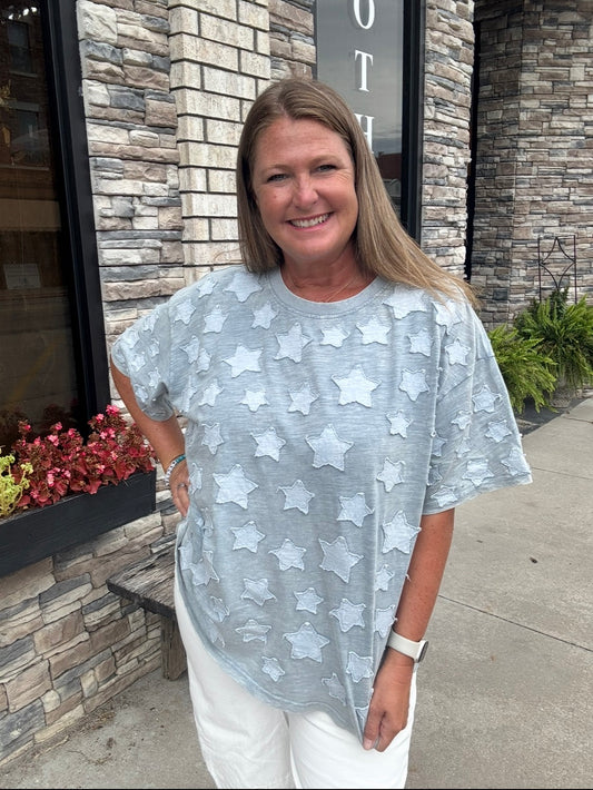 Star Patch Round Neck T-Shirt - Denim