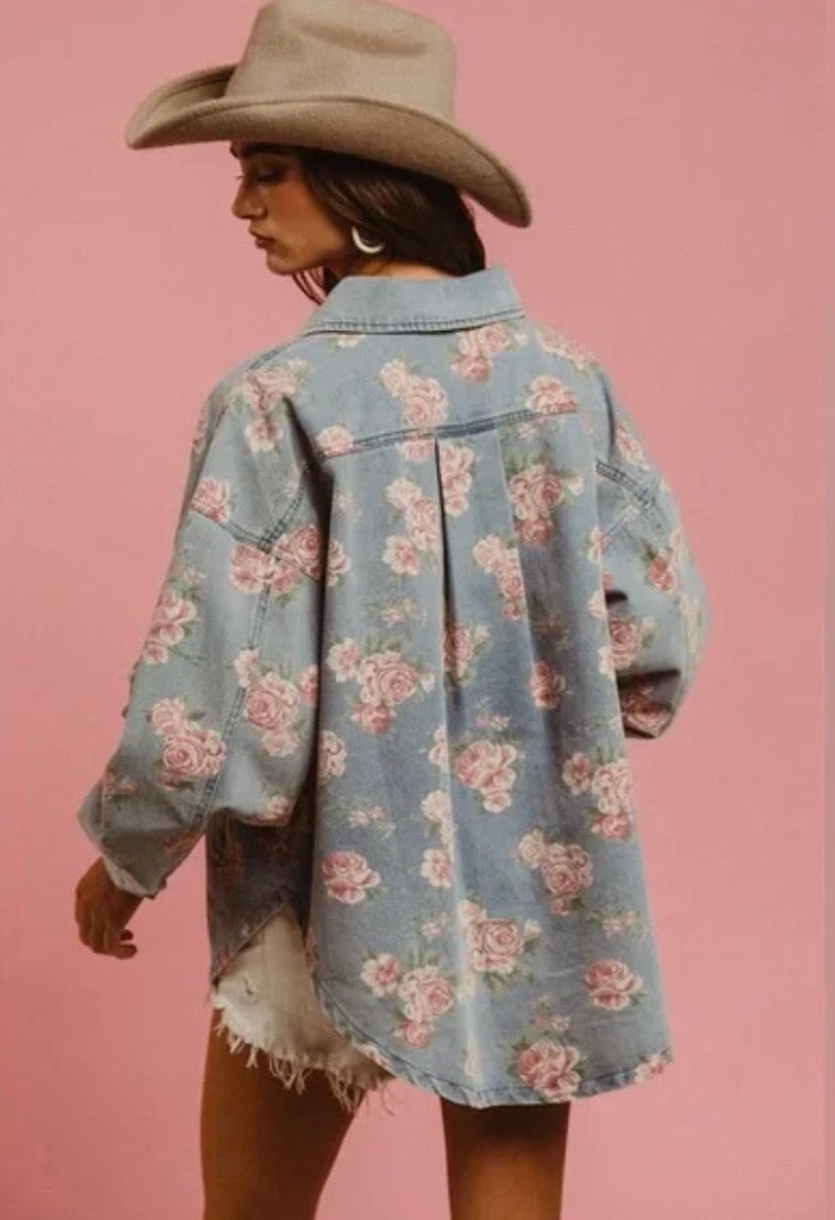 Light Wash Denim Rose Floral Button Up