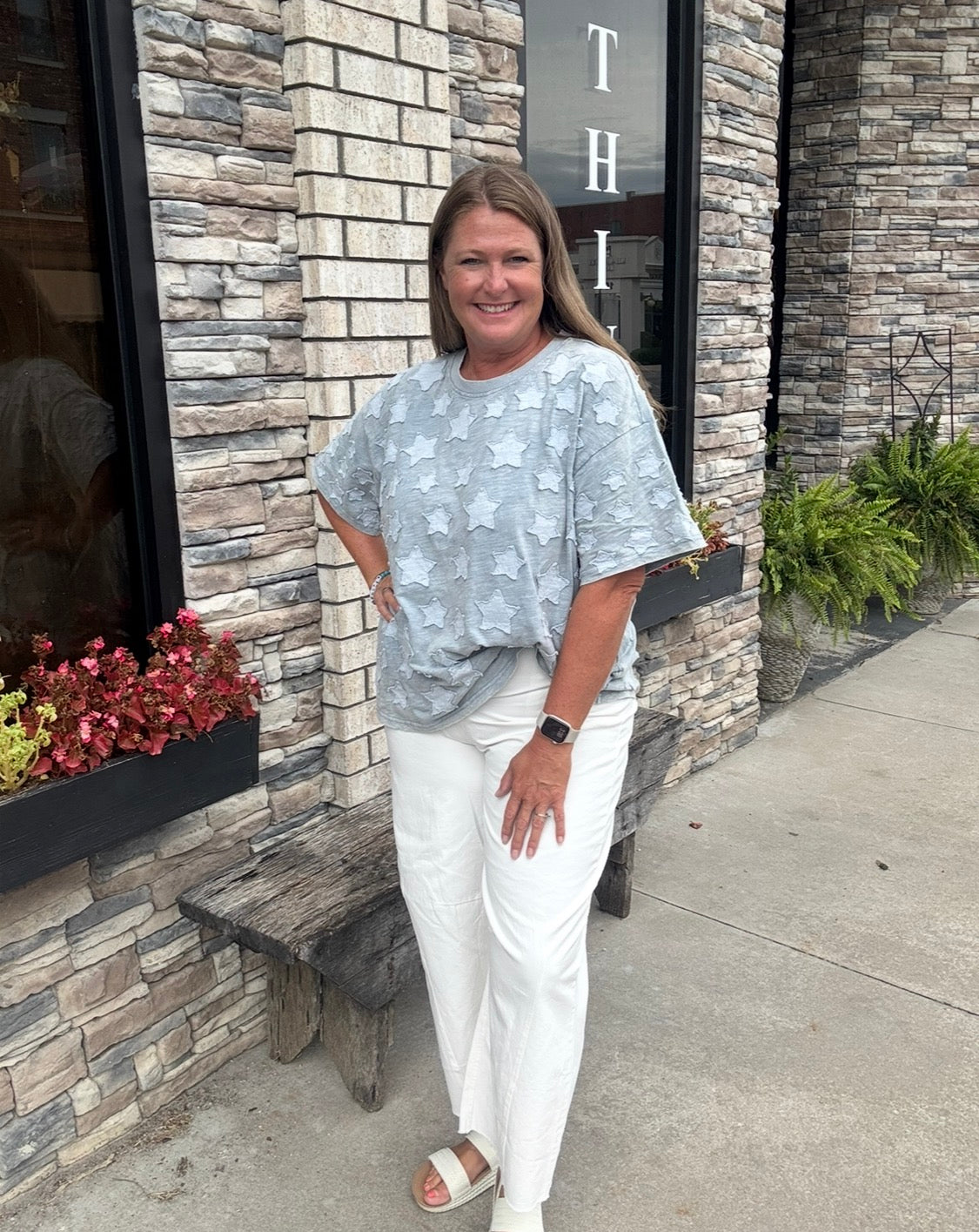 Star Patch Round Neck T-Shirt - Denim