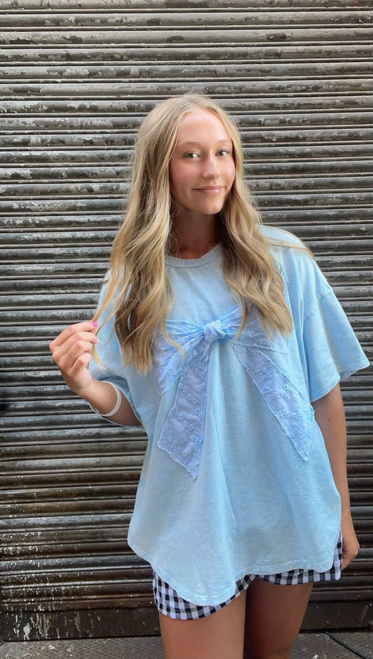 Mineral Wash Ribbon Bow Short Sleeve Top - Baby Blue