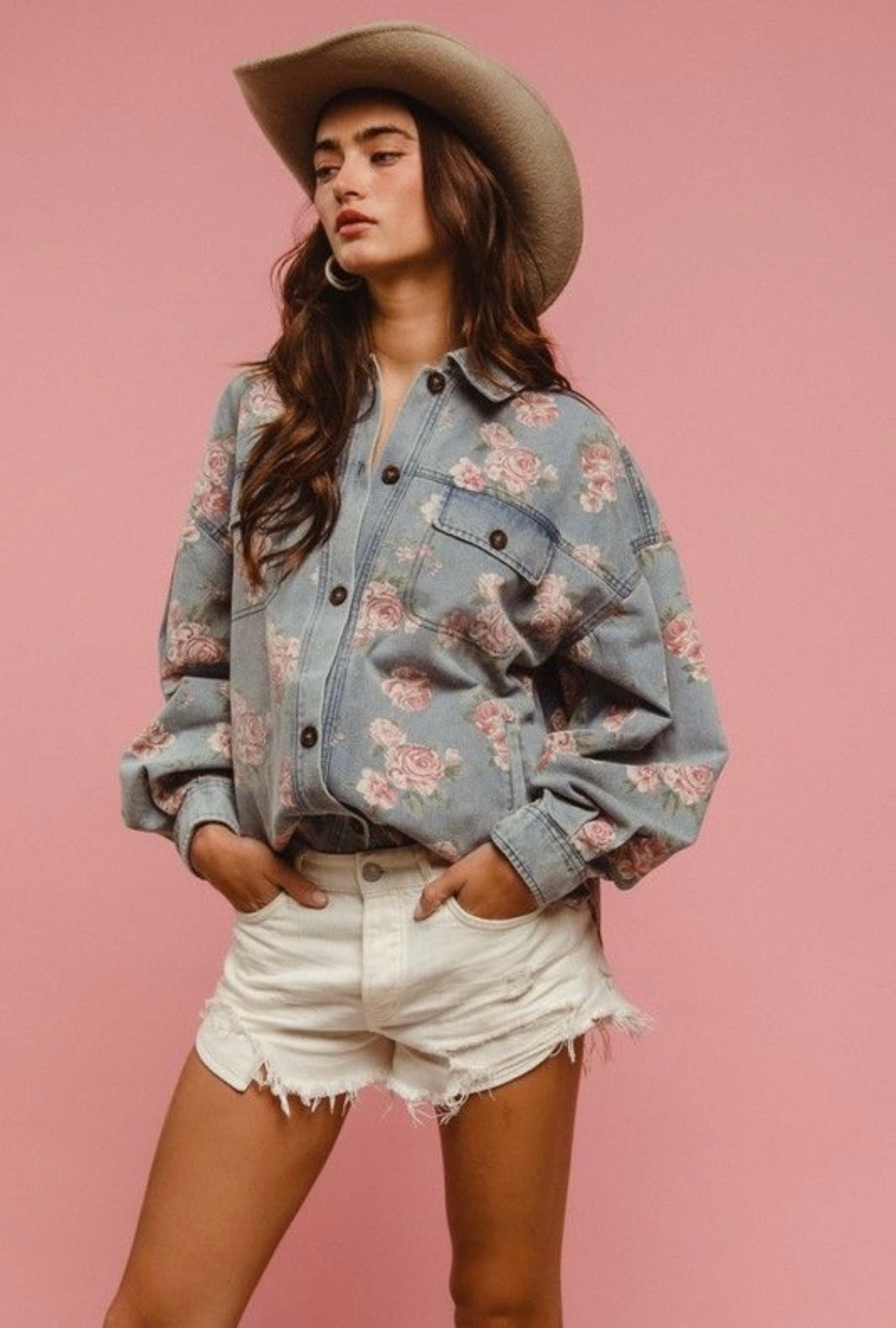 Light Wash Denim Rose Floral Button Up