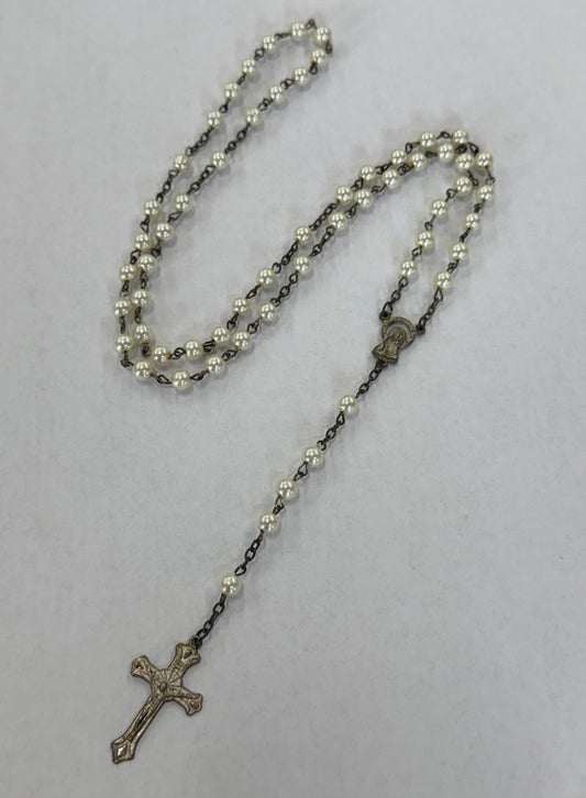 Vintage Cross Virgin Mary Necklace with Pearl Accent