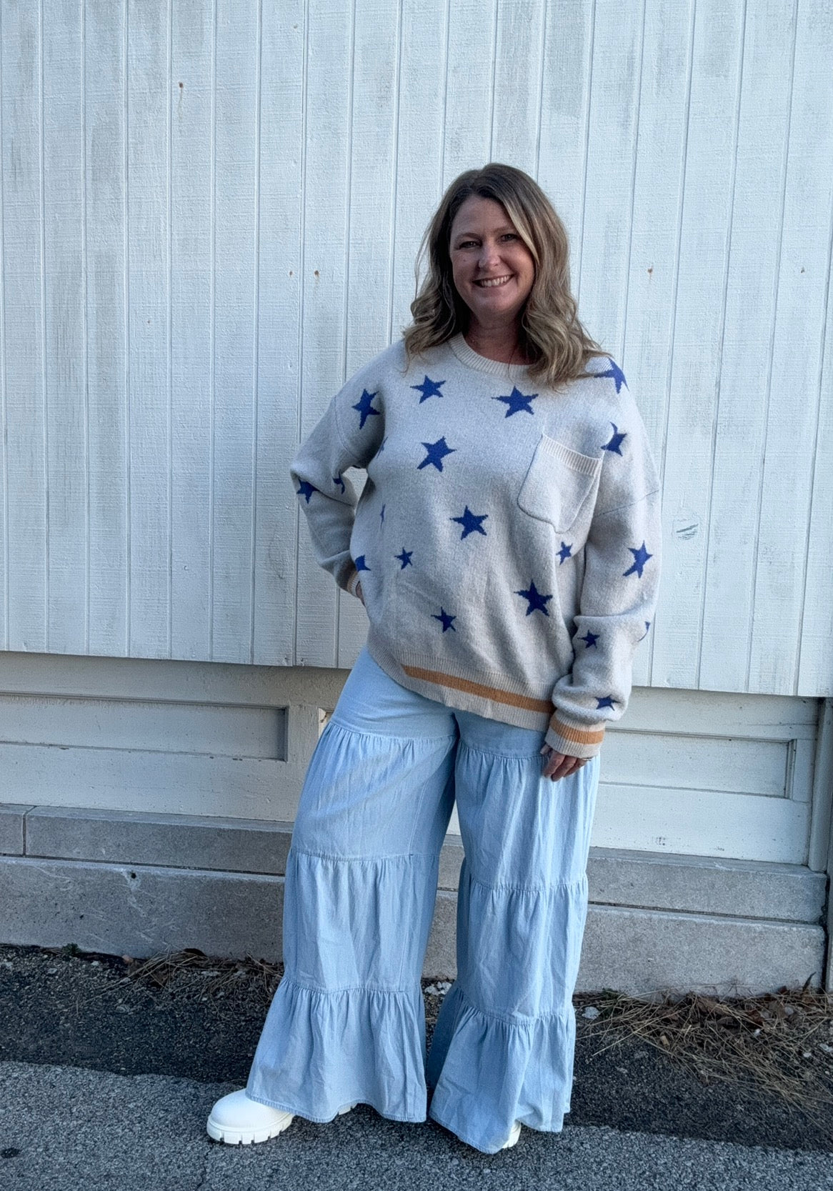 Blue Star Knit Sweater with Pocket