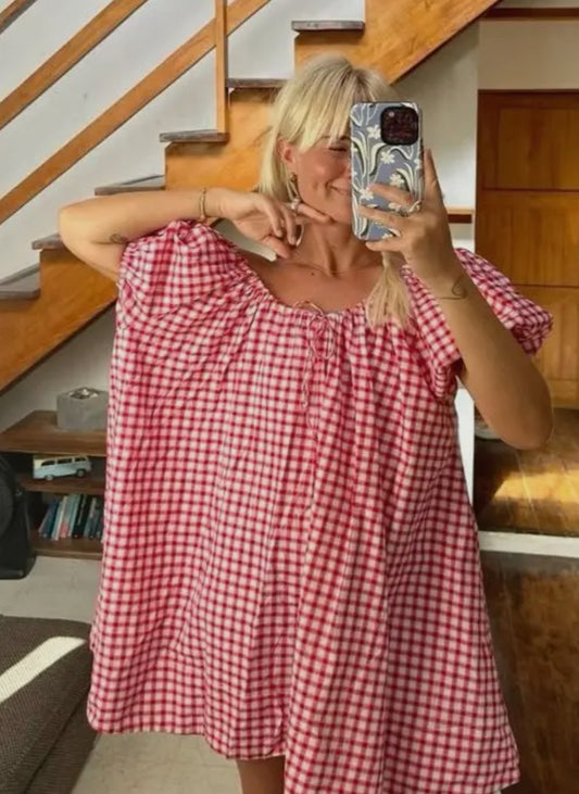 Red Gingham Puff Dress