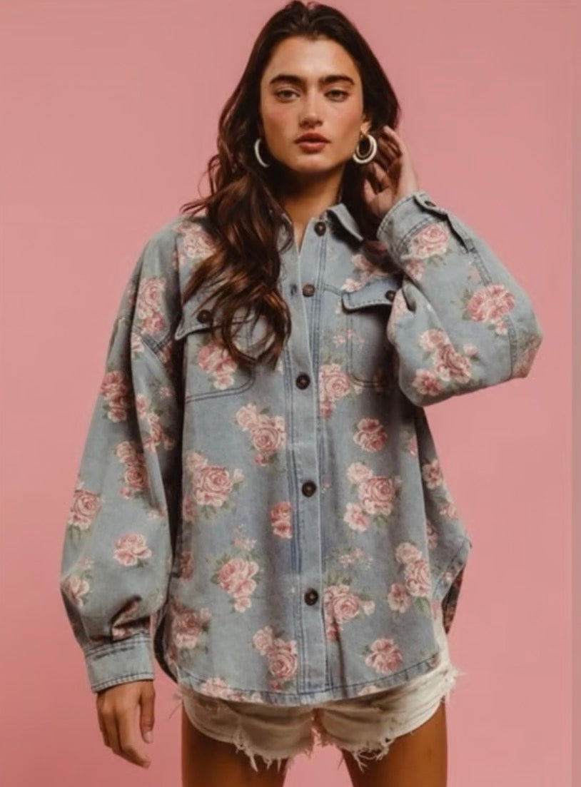 Light Wash Denim Rose Floral Button Up