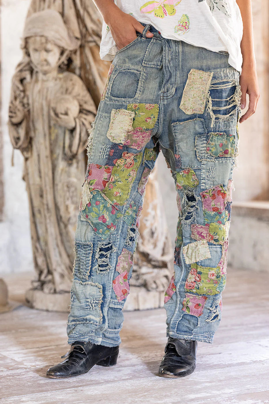 Magnolia Pearl Heavily Patched Miner Denims