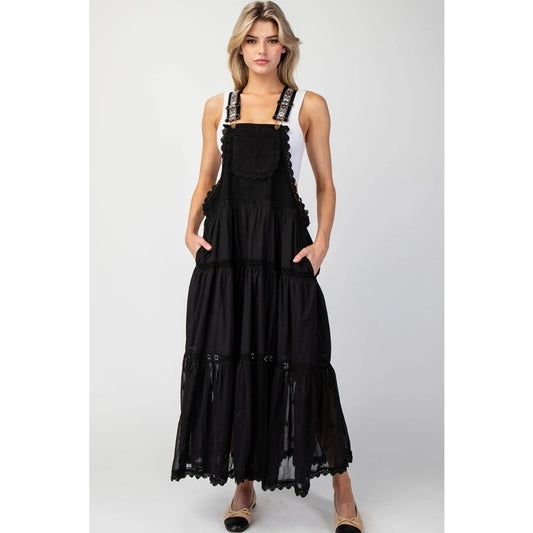 Lace Trim Tiered Overall Maxi Dress - Black
