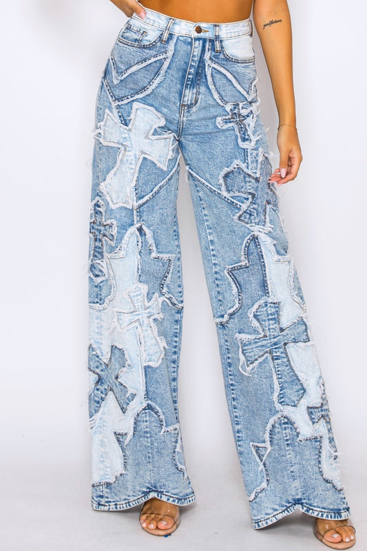 High Rise Relaxed All Over Cross Applique Jeans