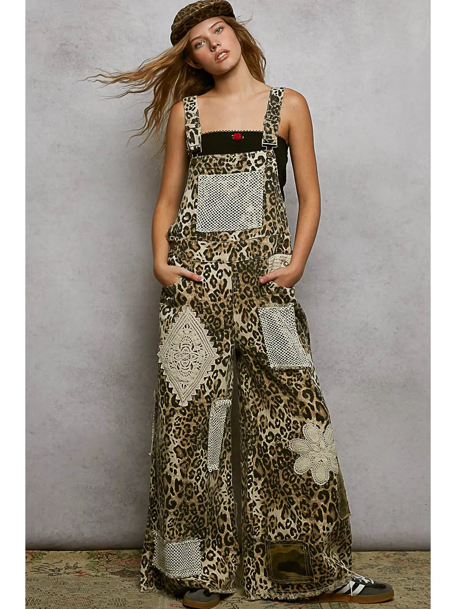 Crochet Patch Detail Chest Pocket Woven Overalls- Sand Leopard
