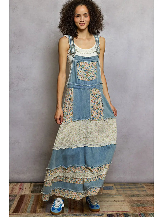 Vintage Washed Front Pocket Floral Contrast Dress- Denim