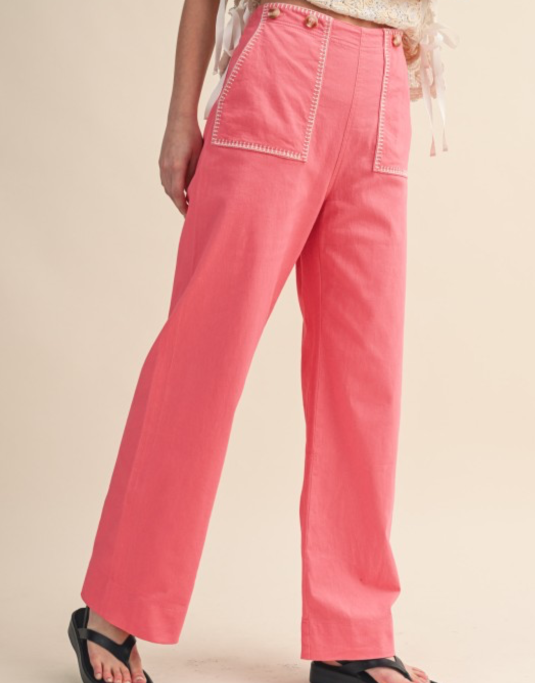 High Waisted Wide Leg Pant With Contrast Stitching