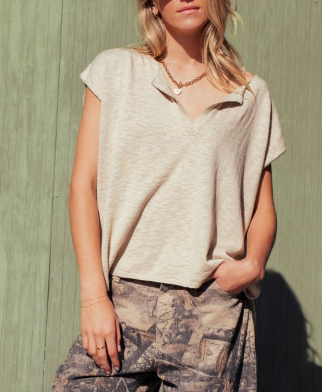 Cloud Drape Knit V-Neck Top- Beige