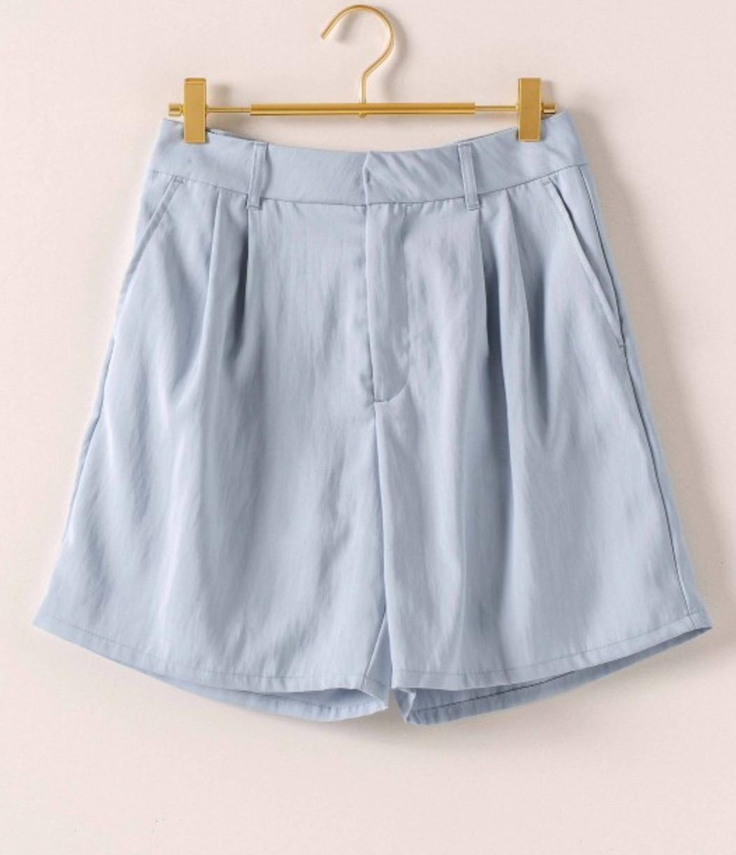 Soft Tailored Pleated Shorts- Dew Blue