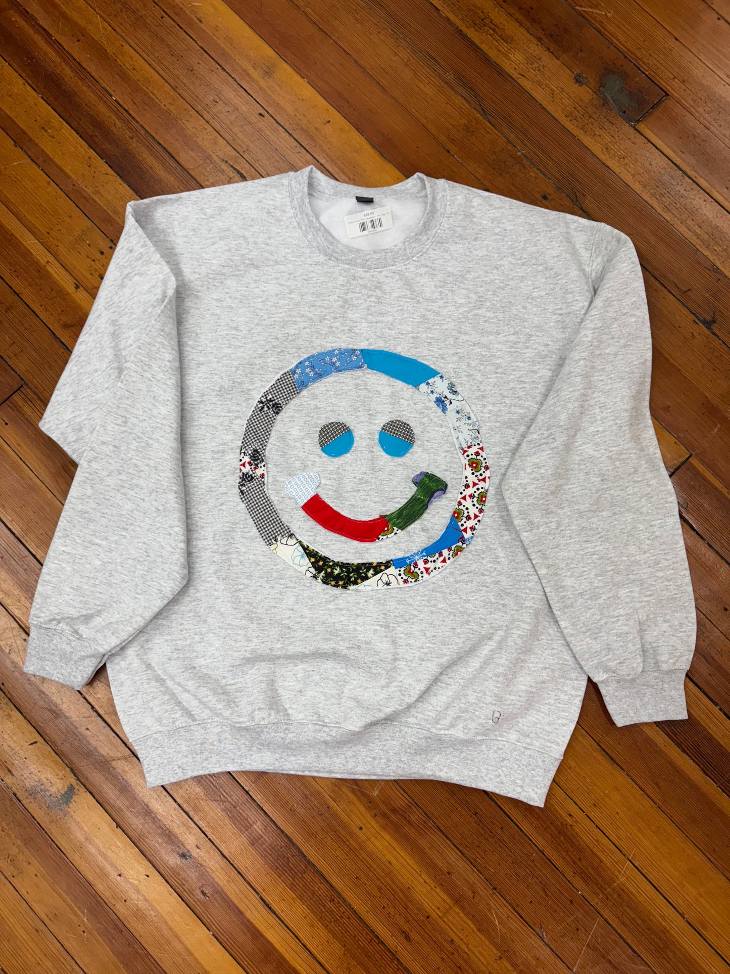 Quilted Smiley Face Sweatshirt - Ash Grey
