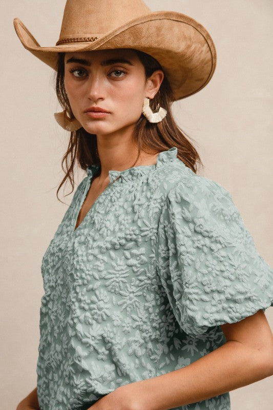 Floral Pattern Textured Short Balloon Sleeve Top - Sage