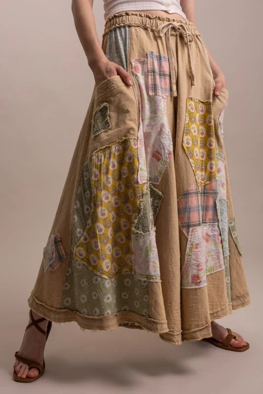 Wide Leg Patchwork Pants- Taupe