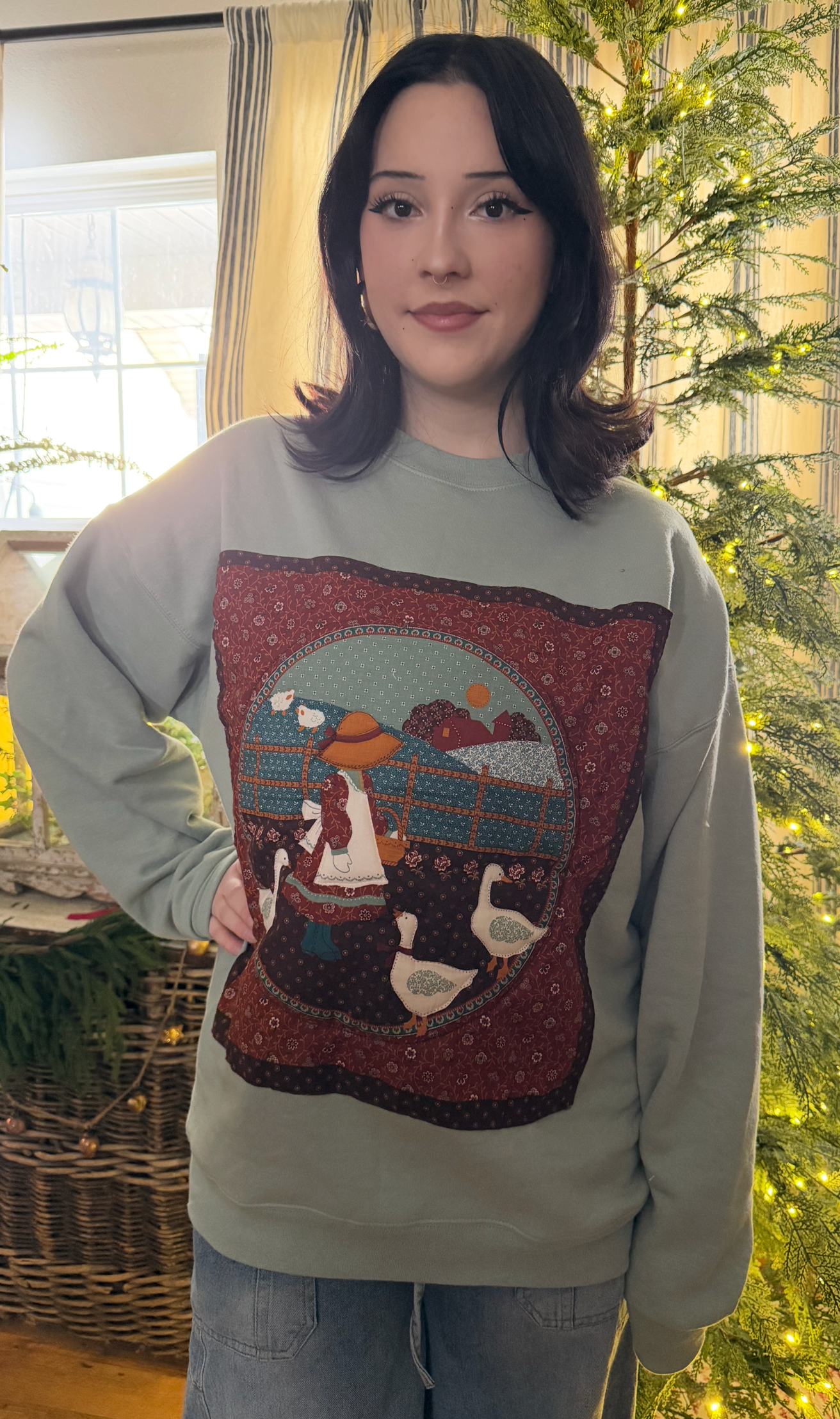 Girl with Geese Handmade Sweatshirt - Sage