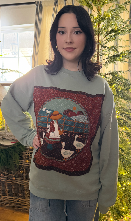 Girl with Geese Handmade Sweatshirt - Sage