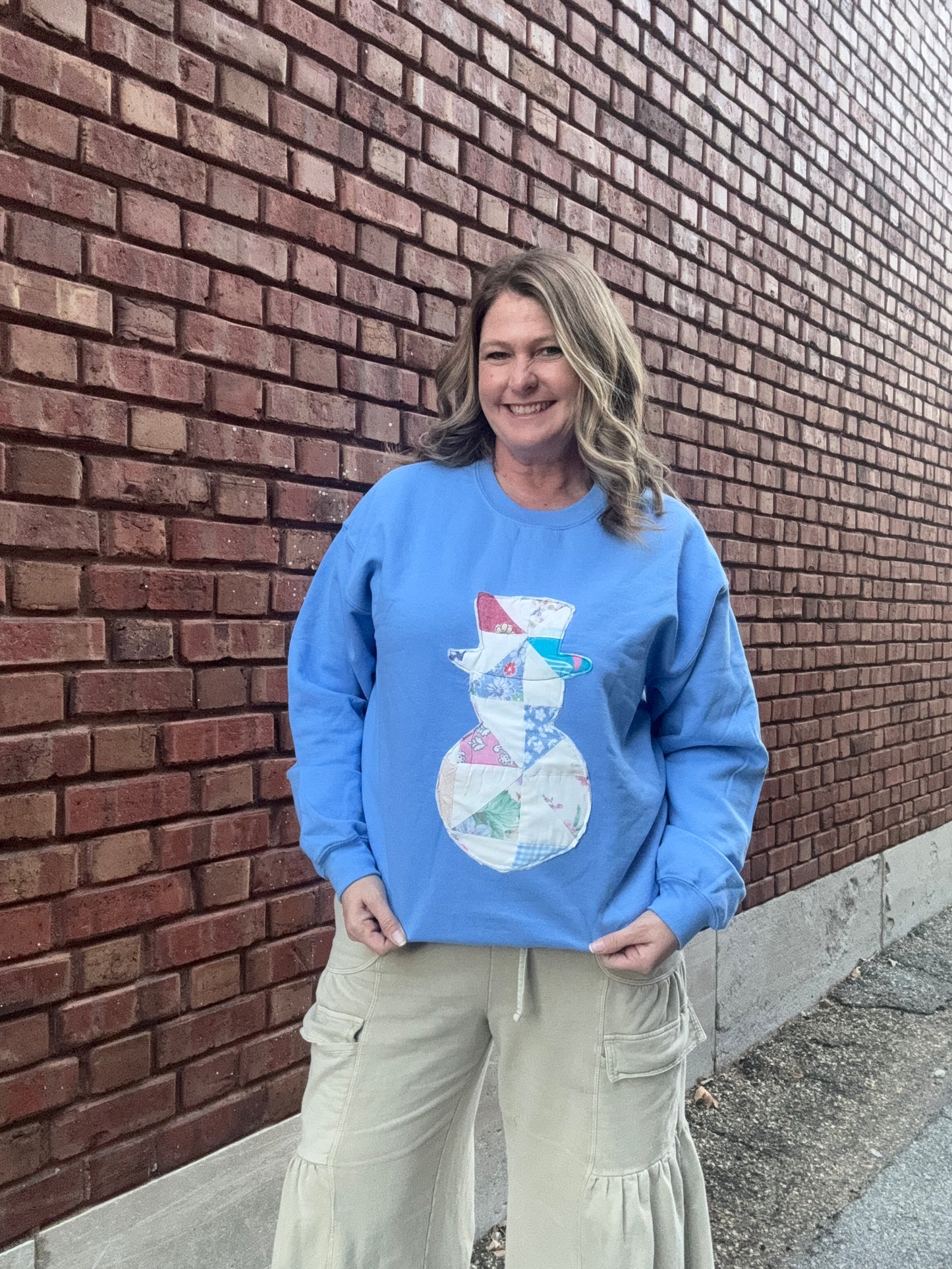 Vintage Quilt Snowman Sweatshirt - Blue