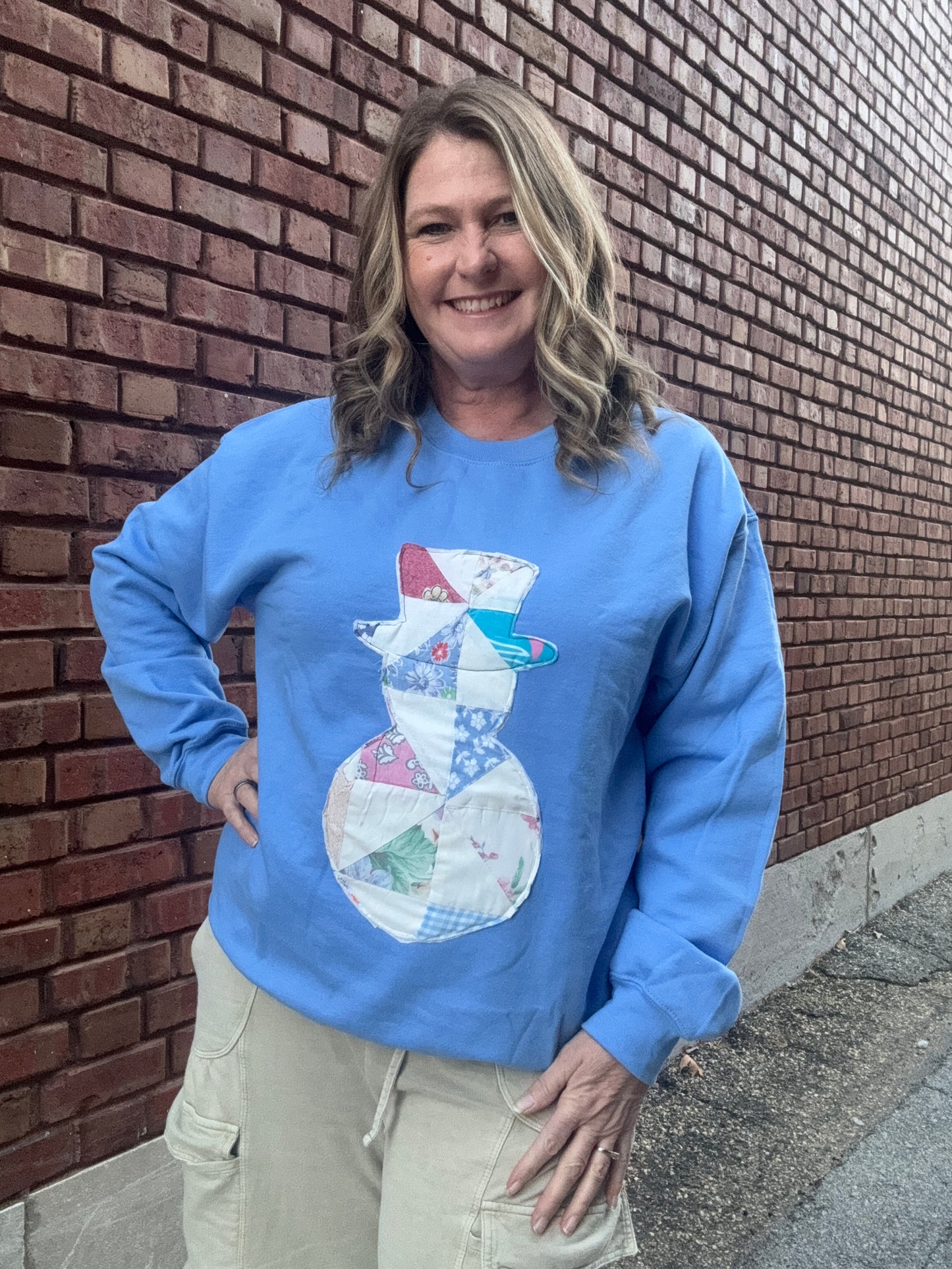 Vintage Quilt Snowman Sweatshirt - Blue