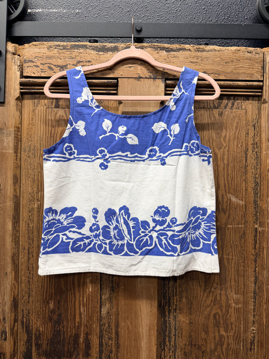 Blue & White Print Sleeveless Tablecloth Top