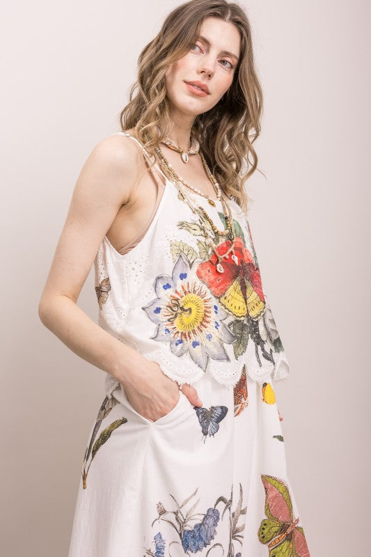 Butterfly Flower Print Eyelet Tank Dress