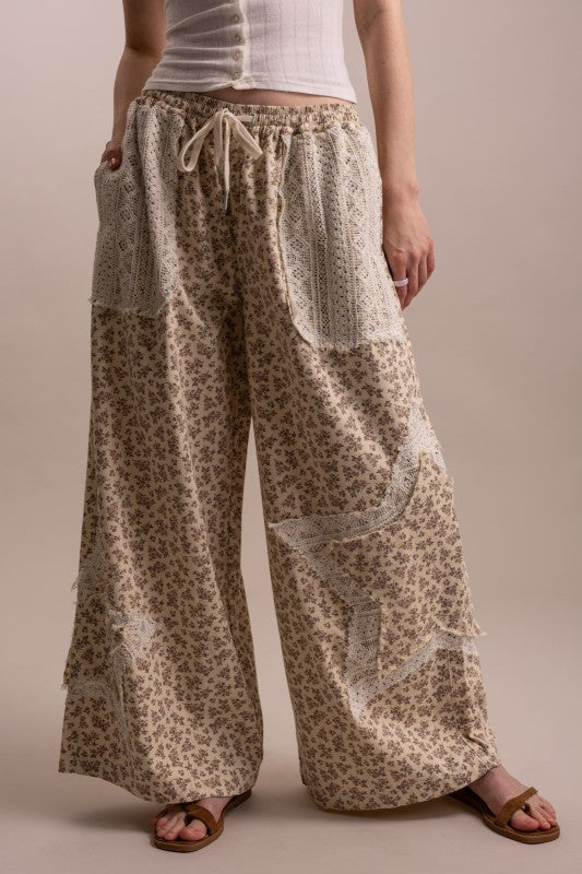 Lace Patchwork Floral Print Waist Wide Leg Pants