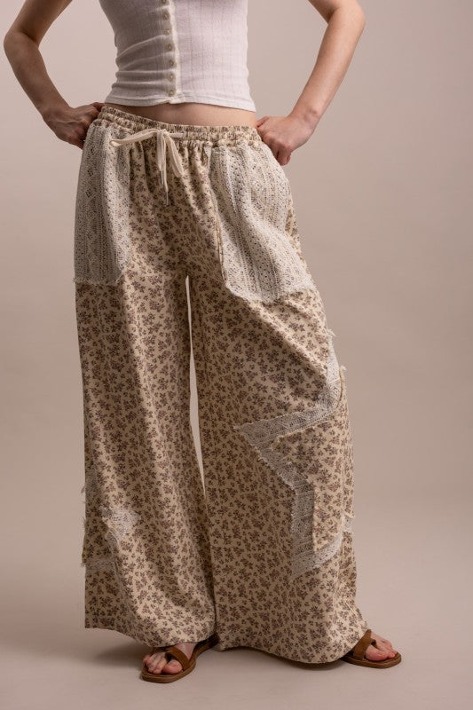 Lace Patchwork Floral Print Waist Wide Leg Pants