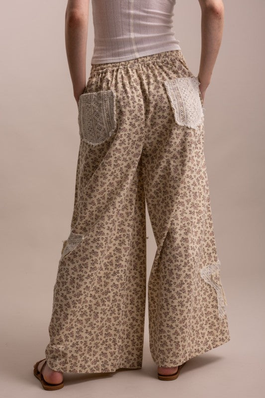 Lace Patchwork Floral Print Waist Wide Leg Pants