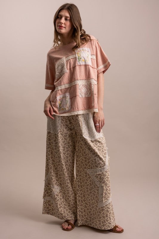 Lace Patchwork Floral Print Waist Wide Leg Pants