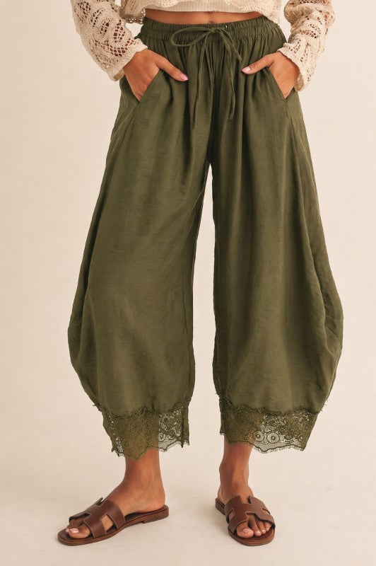 Boho Lace Trim Barrel Ballon Pants - Olive