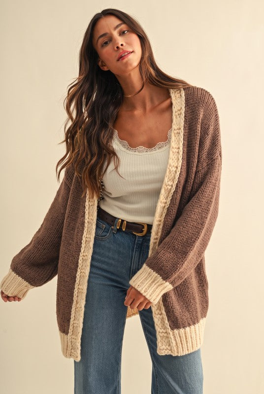 Chunky Oversized Open Front Sweater Cardigan - Mocha
