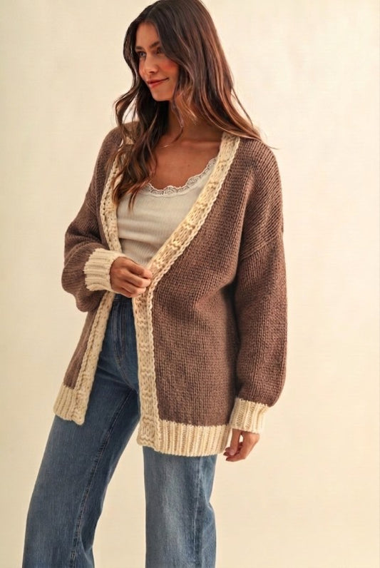 Chunky Oversized Open Front Sweater Cardigan - Mocha