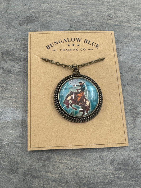 Western Cowboy Riding Horse Pendant Necklace