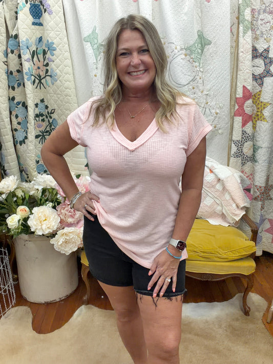 Short Sleeve Solid Urban Ribbed Top- Pink