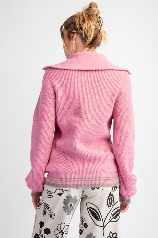 Zipper Front Knit Sweater Pullover - Lipstick Pink