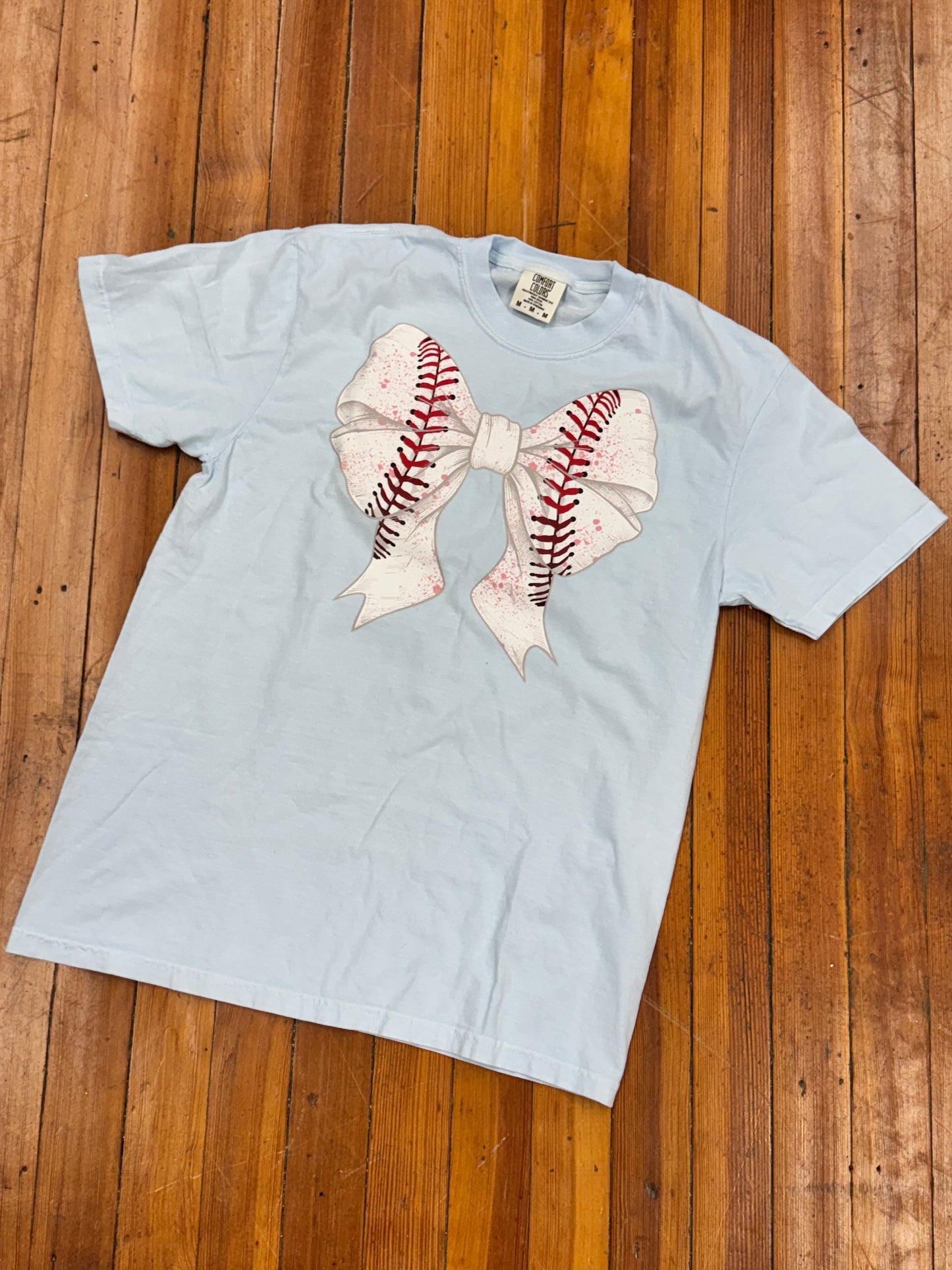 Baseball  Coquette Bow Graphic Tee.- Chambray