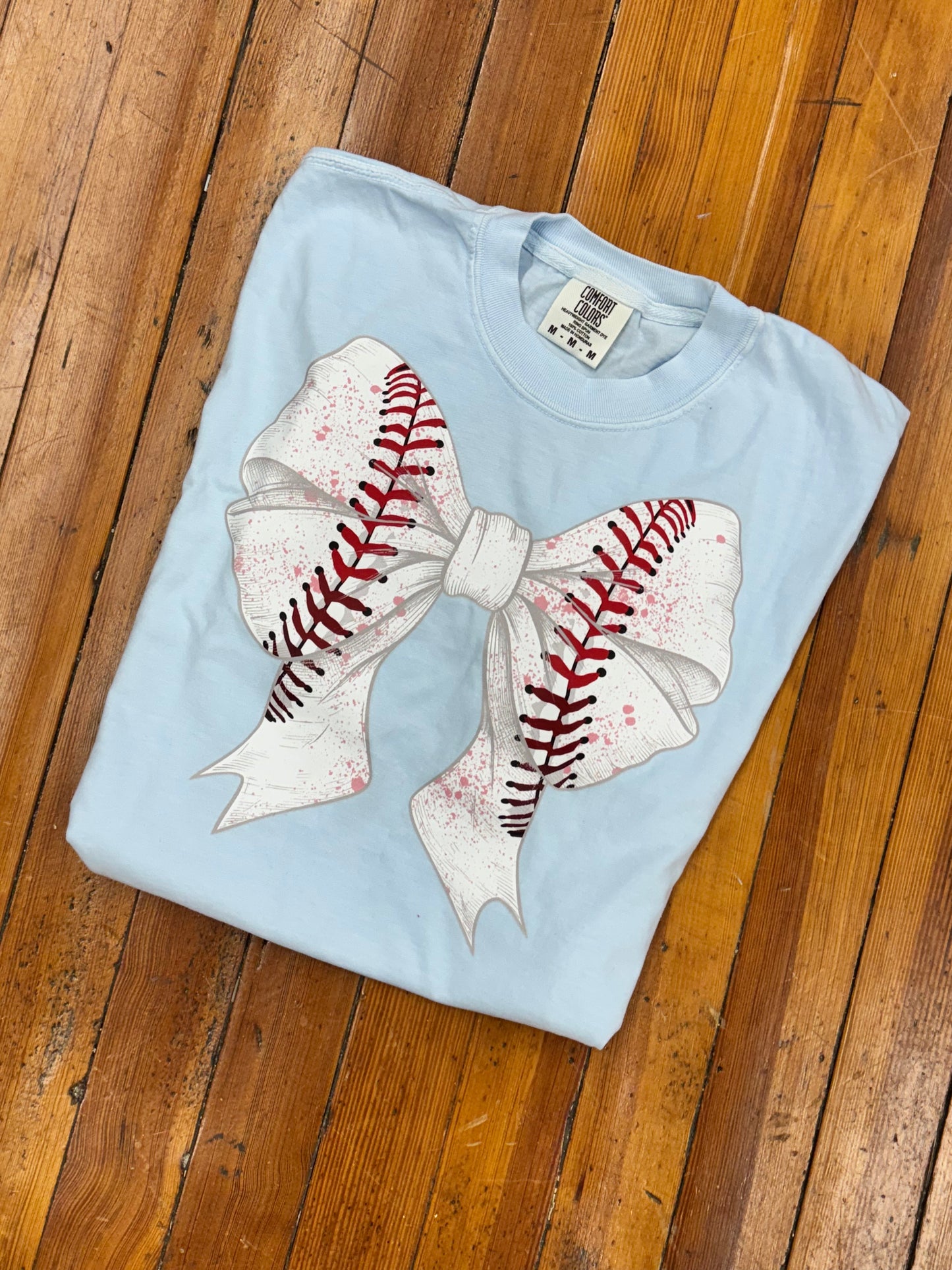 Baseball  Coquette Bow Graphic Tee.- Chambray