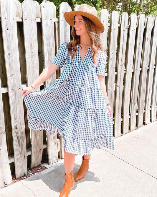 Gingham Short Sleeve Dress - Blue