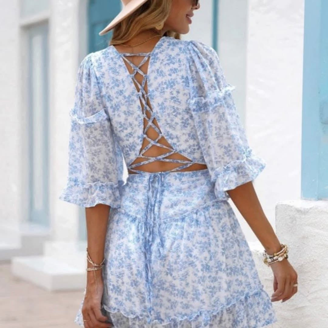 Blue & White Floral Ruffle Trim V-Neck Mini Dress
