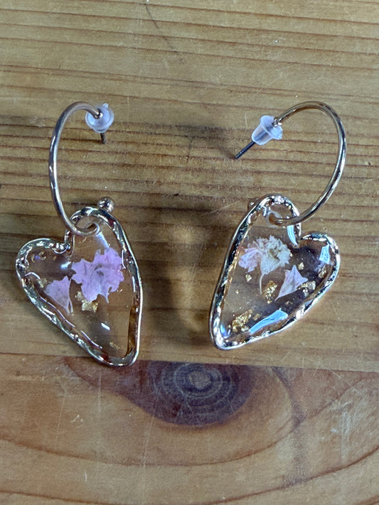 Gold Heart Acrylic Flower Earrings
